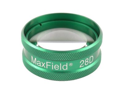 Ocular® Maxfield® 28D indirect diagnostic/laser lens, aspheric glass, Laserlight® HD anti-reflective coating, green ring, 58º static FOV, 2.11x image mag., 0.47x laser spot mag., 27.0mm working distance, 38.2mm clear aperture, 39g