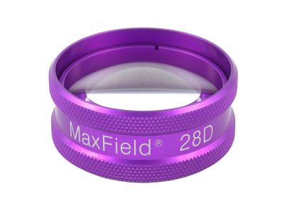 Ocular® Maxfield® 28D indirect diagnostic/laser lens, aspheric glass, Laserlight® HD anti-reflective coating, purple ring, 58º static FOV, 2.11x image mag., 0.47x laser spot mag., 27.0mm working distance, 38.2mm clear aperture, 39