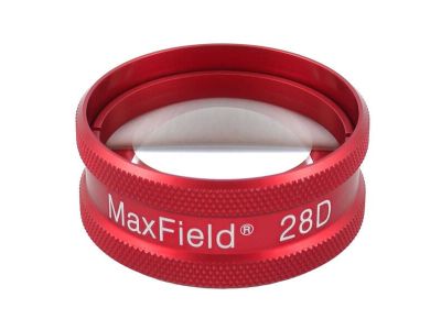 Ocular® Maxfield® 28D indirect diagnostic/laser lens, aspheric glass, Laserlight® HD anti-reflective coating, red ring, 58º static FOV, 2.11x image mag., 0.47x laser spot mag., 27.0mm working distance, 38.2mm clear aperture, 39g l