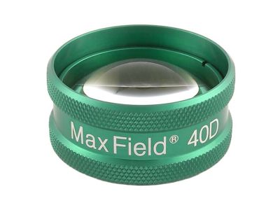 Ocular® Maxfield® 40D indirect diagnostic/laser lens, aspheric glass, Laserlight® HD anti-reflective coating, green ring, 82º static FOV, 1.49x image mag., 0.67x laser spot mag., 14.0mm working distance, 34.0mm clear apeture, 32g 