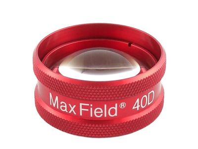 Ocular® Maxfield® 40D indirect diagnostic/laser lens, aspheric glass, Laserlight® HD anti-reflective coating, red ring, 82º static FOV, 1.49x image mag., 0.67x laser spot mag., 14.0mm working distance, 34.0mm clear apeture, 32g le
