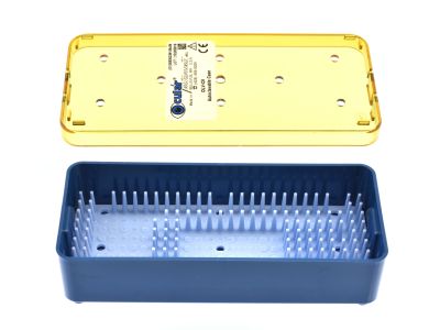 Ocular® plastic sterilization tray, 2 1/2'' W x 6'' L x 1 1/4'' H, deep base, lid and silicone finger mat, accommodates 1-2 lenses