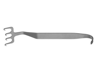 Freeman facelift (Rhytidectomy) rake retractor, 7'', angled, 4 sharp offset prongs, 38.0mm wide, flat handle