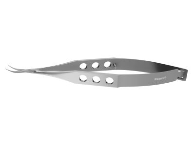 Vannas capsulotomy scissors, 3 1/4'', curved blades, sharp tips, flat 3-hole handle, packaged individually, sterile, disposable, box of 6