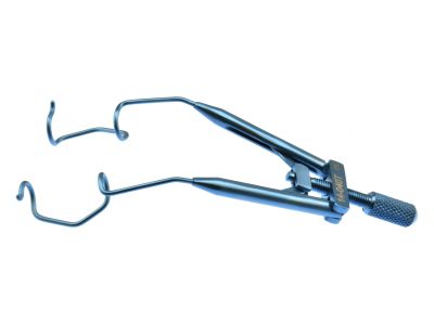 Lieberman lid speculum, 2 3/4'', adult size, open V-wire blades, temporal approach, adjustable thumb-screw tension, titanium