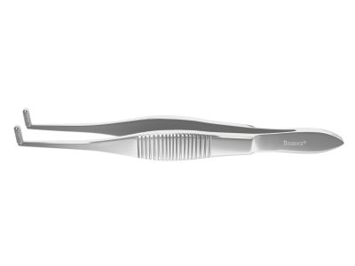 Meibomian gland compressor forceps, 4 1/4'', angled shafts, textured roller jaws, flat handle