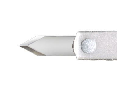 Mastel SafetyLance paracentesis diamond knife, angled, 1.00mm wide blade, tip angle 60º, safety beveled sides, sharp tip, president fixed handle