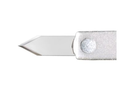 Mastel SafetyPort 55º paracentesis diamond knife, angled, 1.00mm wide blade, safety beveled sides, president fixed handle