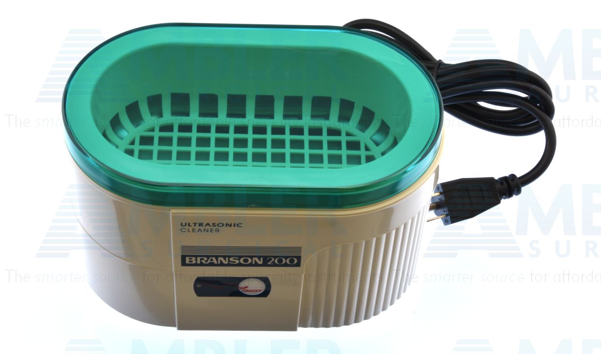 Bransonic® B200 ultrasonic cleaner, 15 ounce capacity, 8 3/4'' L x 4 1/2'' W x 5'' D overall size, 6 1/2'' L x 3 1/2'' W x 2 1/4'' D tank size, includes cover and basket, 120 Volt, 1 year limited warranty