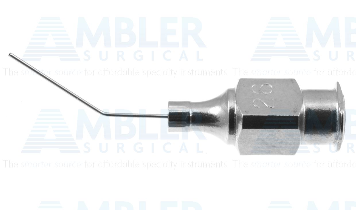 McIntyre anterior chamber irrigating cannula, 26 gauge, angled 45º, 12.0mm from bend to tip, blunt tip, 18.0mm overall length excluding hub