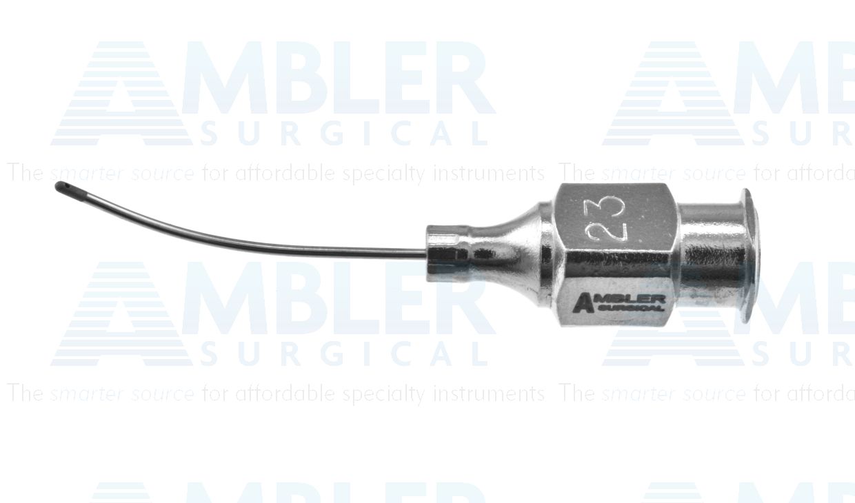 Simcoe cortex extractor cannula, 23 gauge, curved, 0.3mm aspiration port, sandblasted tip, 21.0mm overall length excluding hub