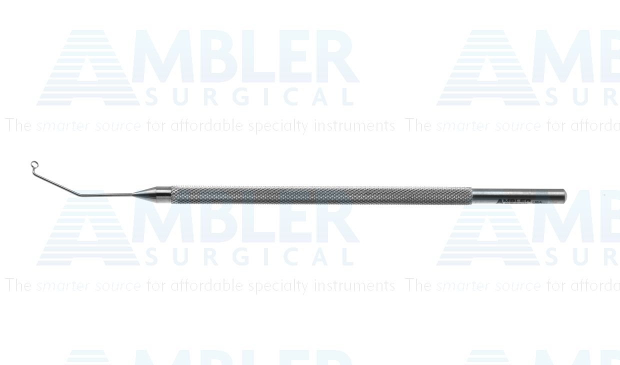 Shepherd anterior/posterior capsule polisher, 4 3/4'',angled right, 1.75mm diameter ring, semi-sharp top and bottom edges, round handle
