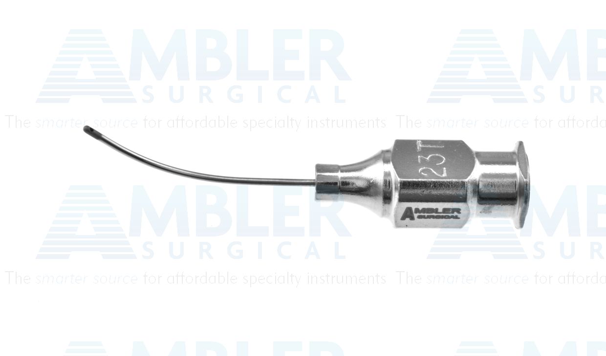 Simcoe cortex extractor cannula, 23 gauge thin-wall, curved, 0.4mm aspiration port, sandblasted tip, 21.0mm overall length excluding hub