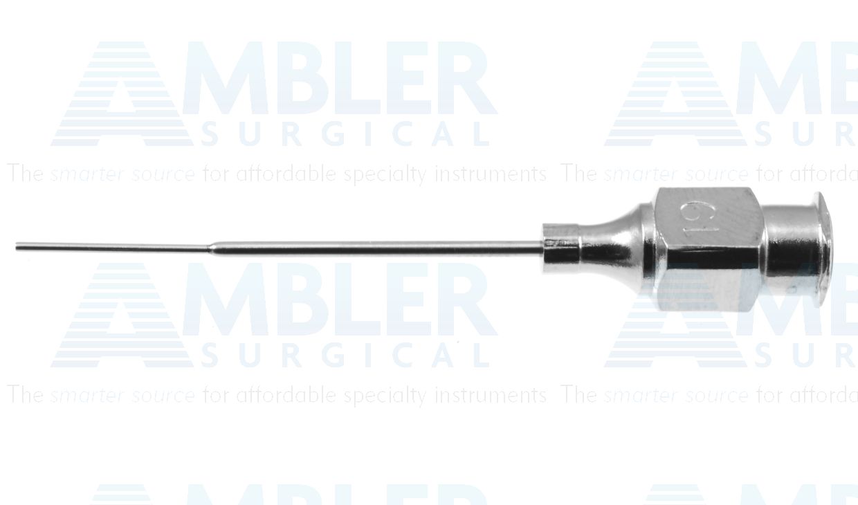Lacrimal cannula, 23 gauge, 19 gauge reinforced shaft, straight, 10.0mm tip, blunt end opening, 32.0mm overall length excluding hub