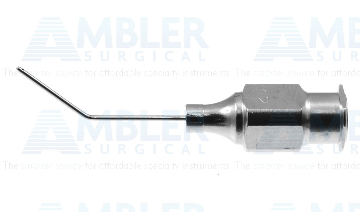 Welsh-Simcoe cortex extractor cannula, 23 gauge, angled 45º, 10.0mm from bend to tip, 0.33mm aspiration port, 20.0mm overall length excluding hub