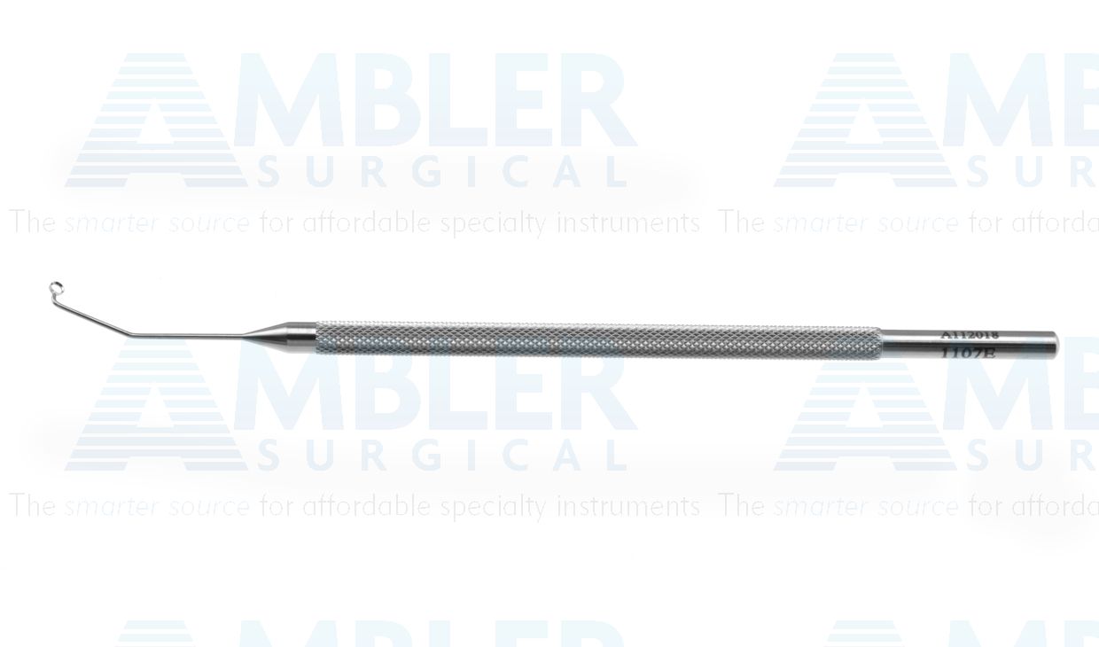 Shepherd anterior/posterior capsule polisher, 4 3/4'',angled left, 1.75mm diameter ring, semi-sharp top and bottom edges, round handle