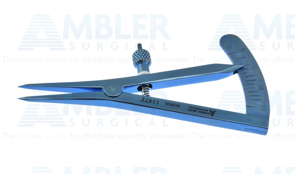 Castroviejo caliper, 3 1/2'', straight tips, measures from 0-15mm in 1.0mm increments, adjustable thumb-screw tension, titanium