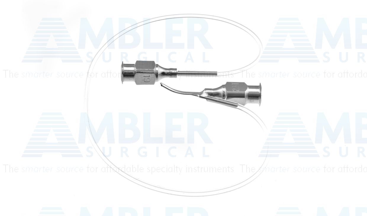 Simcoe irrigation-aspiration cannula, 23 gauge thin-wall, reverse curved, 0.3mm aspiration through top port, irrigation through side opening, supplied with 10''of tubing and luer-lock adapter, 15.0mm overall length excluding hub