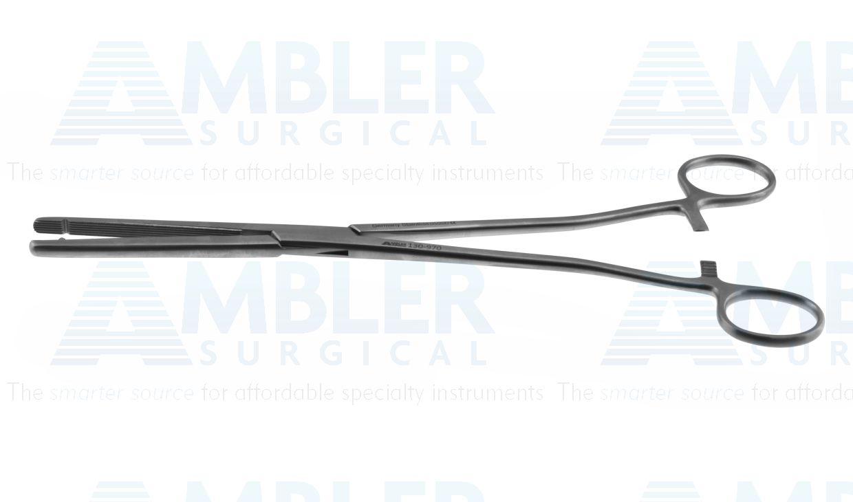 Heaney-Ballentine hysterectomy forceps, 10 1/2'',straight, longitudinal serrated, single-toothed jaws, ring handle
