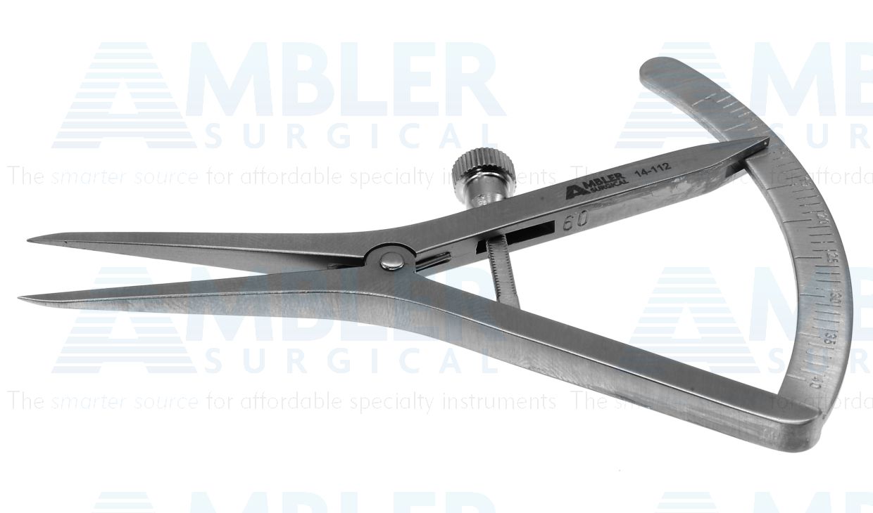 Castroviejo caliper, 3 1/2'', straight tips, measures from 0-40mm in 1.0mm increments, adjustable thumb-screw tension