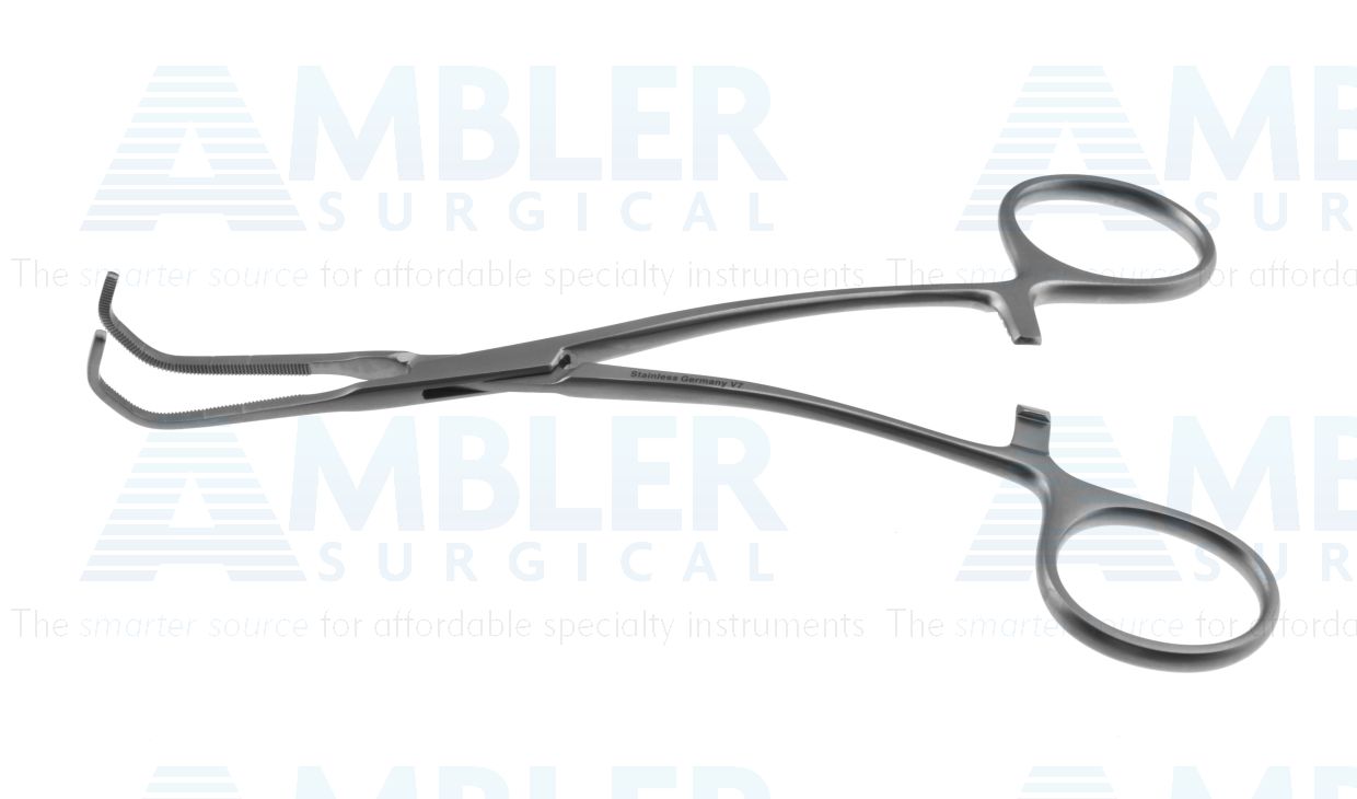 Castaneda anastomosis clamp, 6'',small, curved shanks, curved, 1.5cm long x 5.0mm deep serrated jaws, ring handle