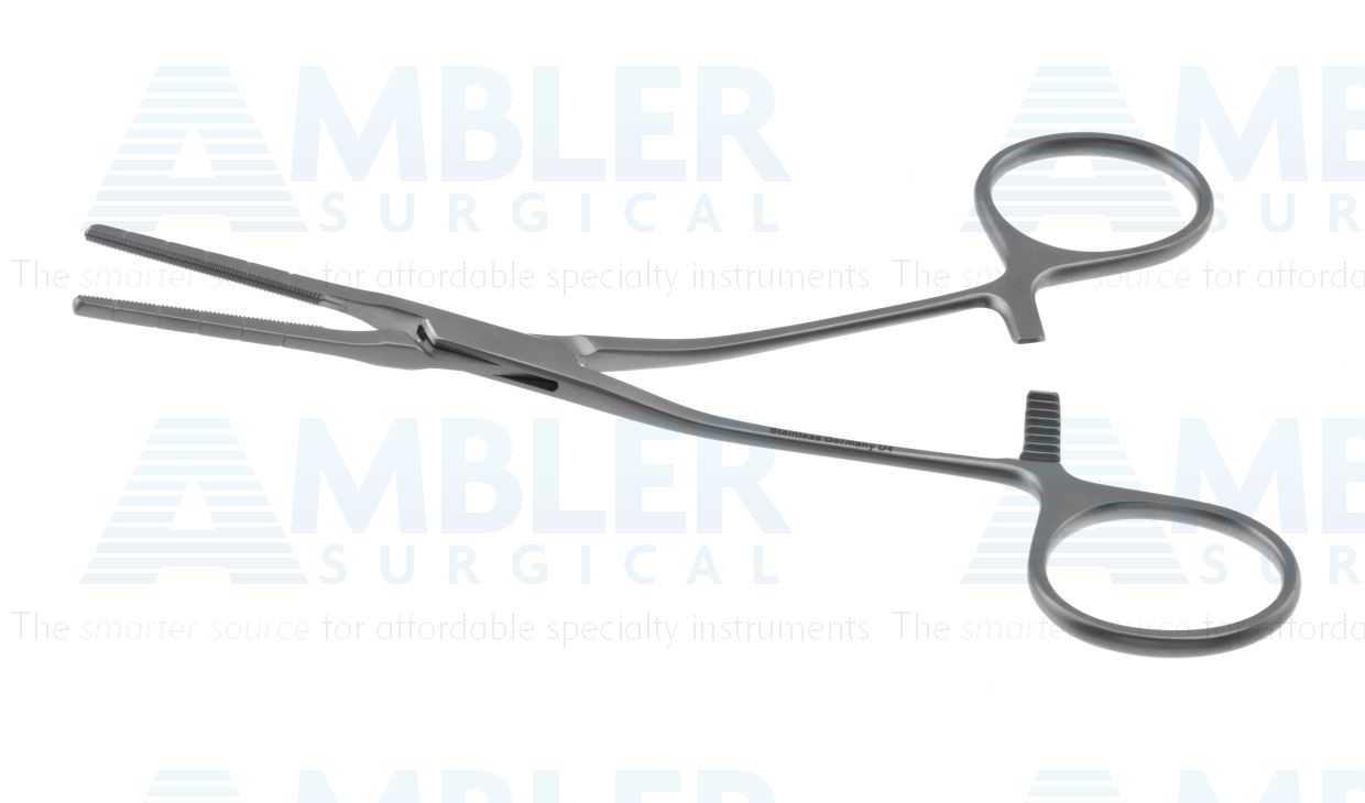 Cooley clamp, 5 1/4'',pediatric, angled shanks, straight, 3.0cm long atraumatic jaws, ring handle