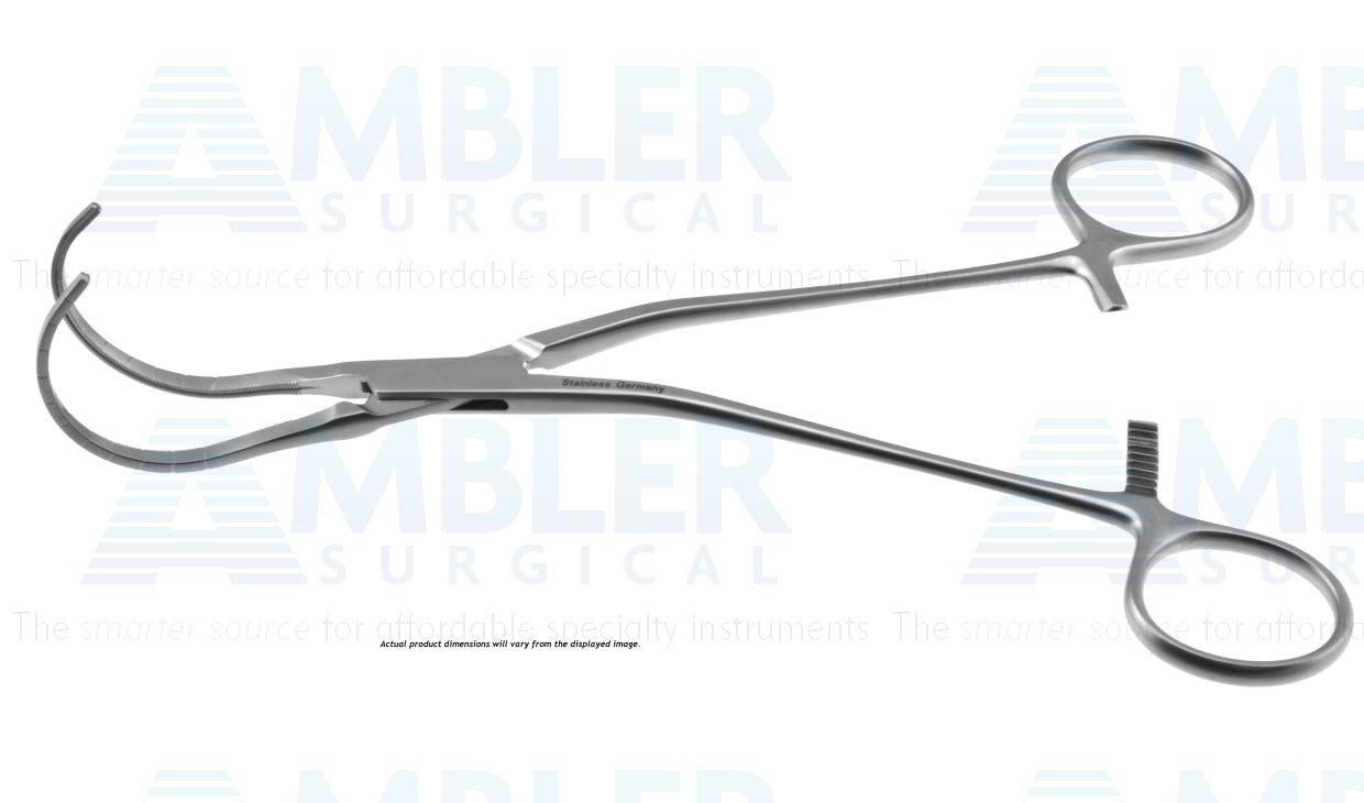Cooley multi-purpose clamp, 8'',curved, calibrated, 3.2cm long x 1.6cm deep atraumatic jaws, ring handle
