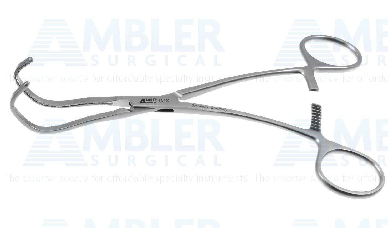 Cooley-Derra anastomosis clamp, 6 1/2'',large, angled, 3.0cm long x 15.0mm deep atraumatic jaws, ring handle