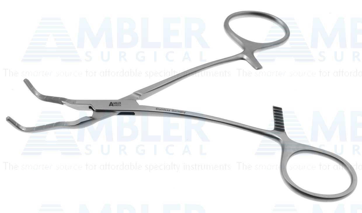 Kitzmiller-Cooley clamp, 5 1/2'',angled right, 2.3cm long atraumatic jaws, ring handle