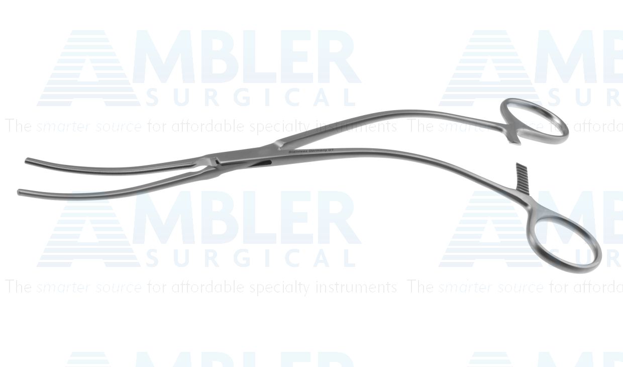 Zanger abdominal aorta clamp, 9 1/2'',curved shanks, curved, 8.5cm long atraumatic jaws, ring handle