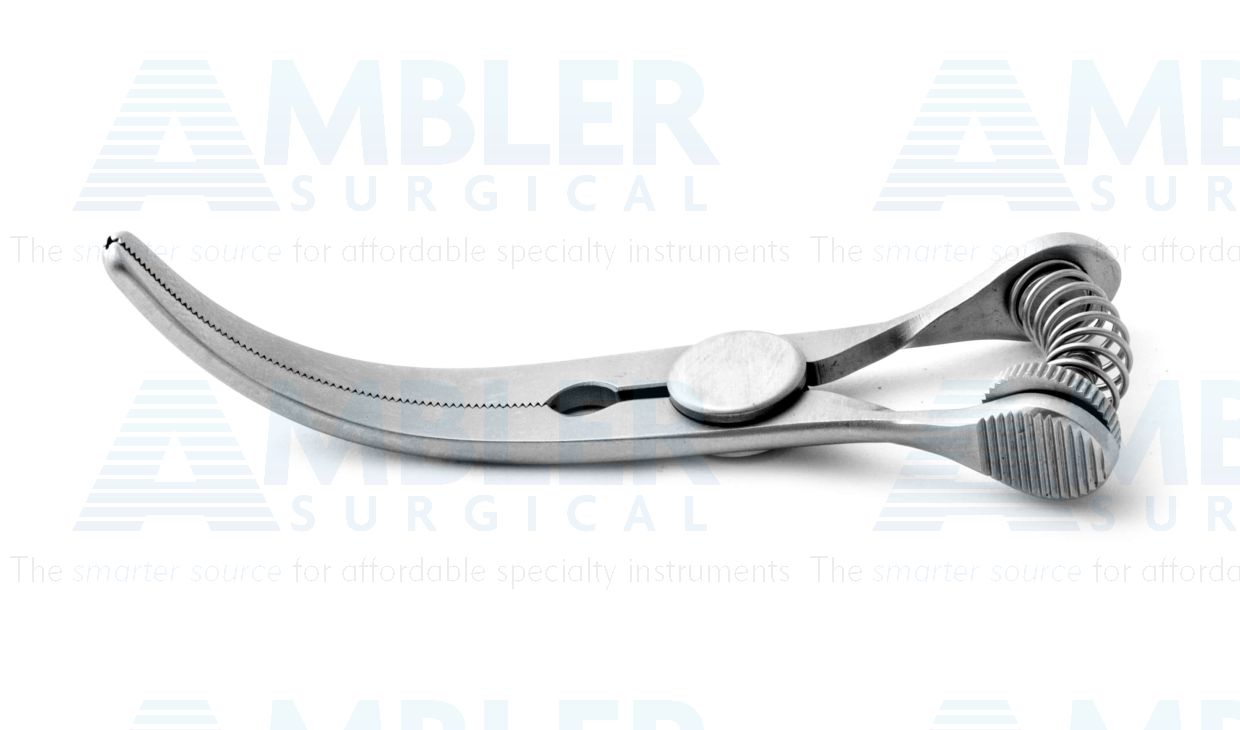 Cooley bulldog clamp, 2 1/2'',curved, 3.0cm long atraumatic jaws, spring handle, adjustable tension screw