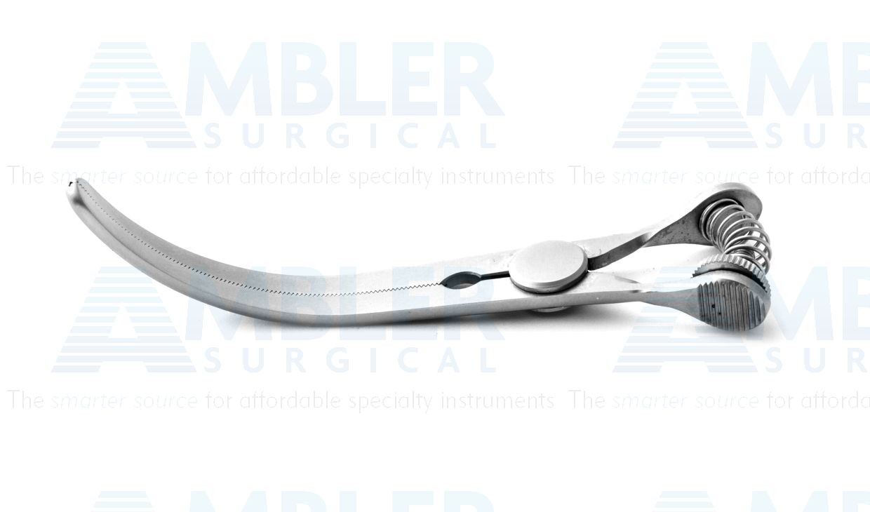 Cooley bulldog clamp, 3 1/8'',curved, 4.0cm long atraumatic jaws, spring handle, adjustable tension screw