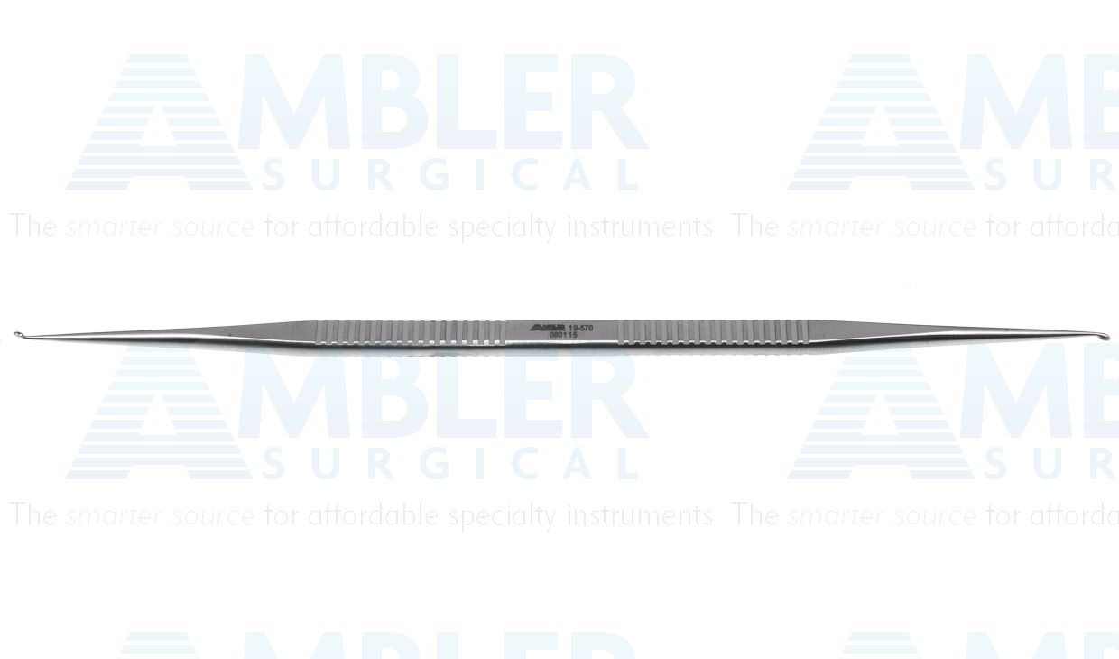 House stapes curette, 6 1/2'',double-ended, strongly angled, small, 1.0mm and 1.5mm cups, flat handle