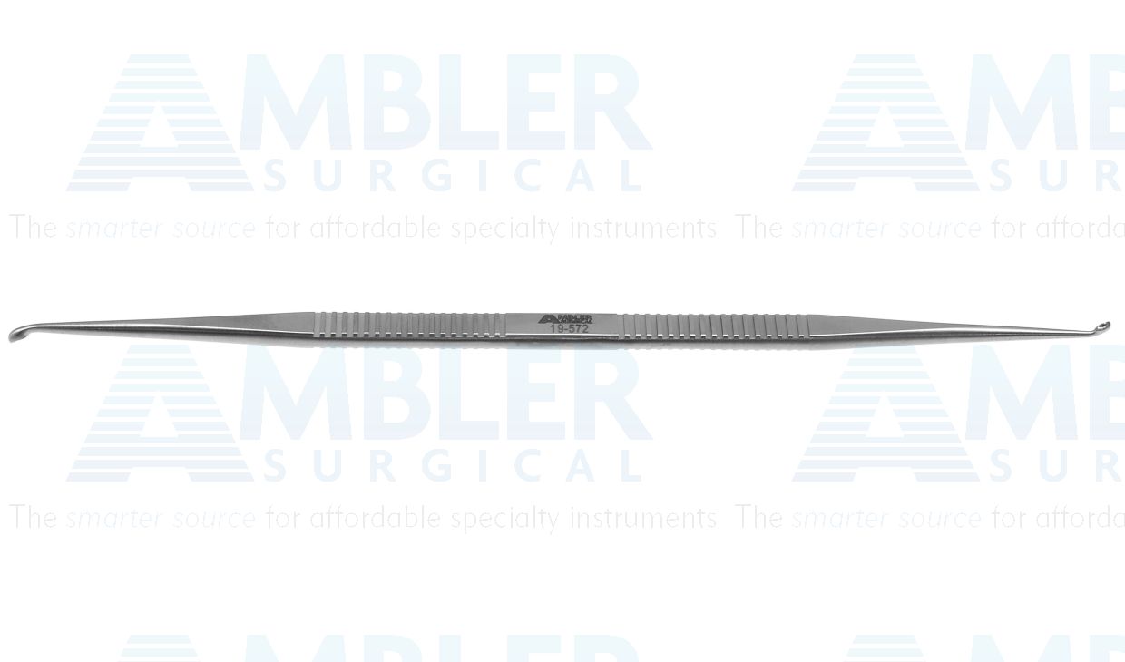 House stapes curette, 6 1/2'',double-ended, strongly angled, large, 2.0mm and 2.5mm cups, flat handle