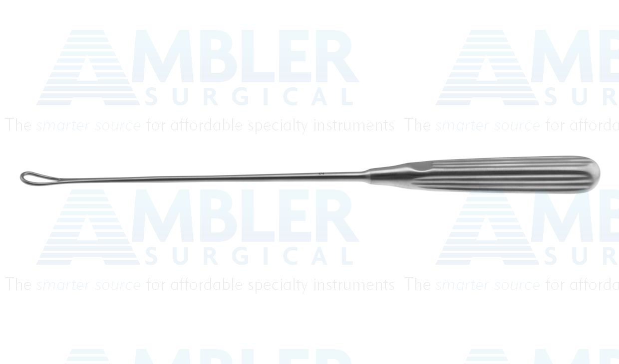 Thomas uterine curette, 11'',malleable, size #2, curved, 8.0mm wide, blunt tip, brun handle