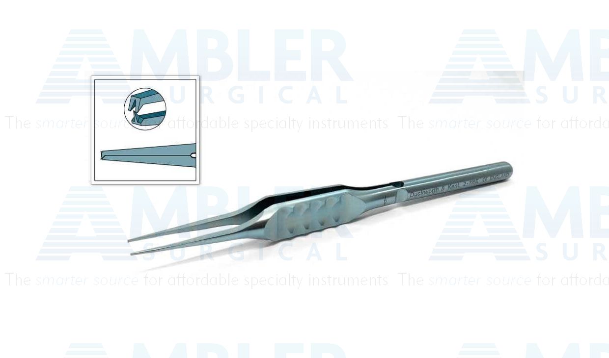 D&K Castroviejo suturing forceps, 4 1/2'', straight shafts, 0.12mm 1x2 teeth, 6.0mm tying platforms, flat ergonomical handle, titanium