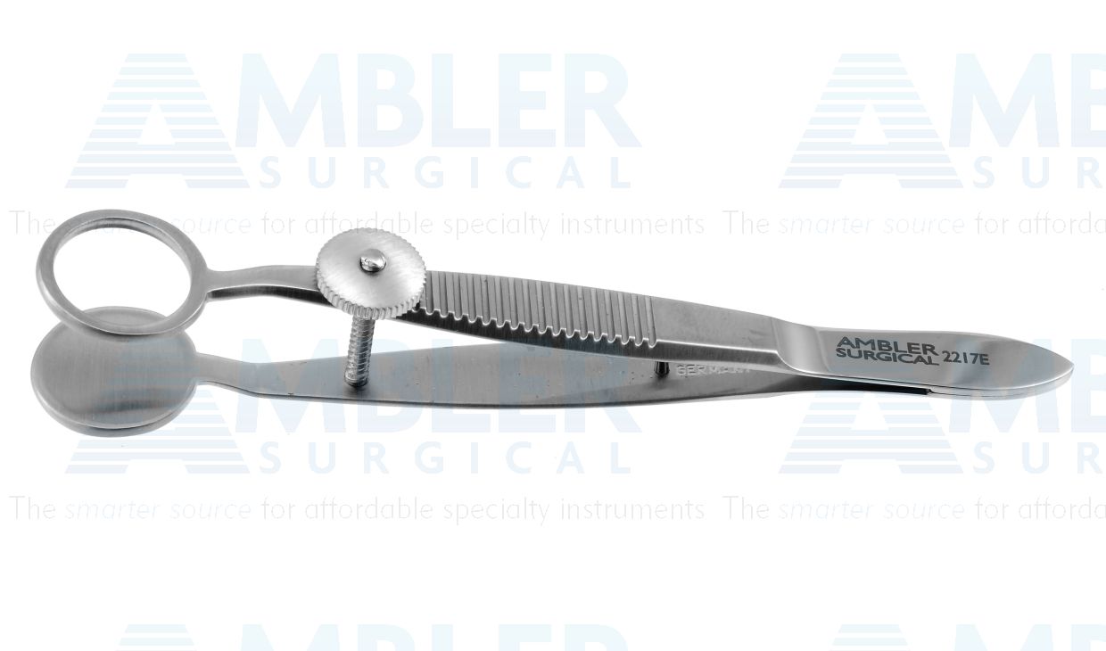 Lambert chalazion forceps, 3 7/8'',large, solid round lower plate, 15.0mm open upper plate, locking thumb screw, flat handle