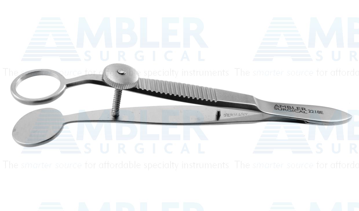 Hunt chalazion forceps, 3 7/8'',solid round lower plate, 12.0mm open upper plate, locking thumb screw, flat handle