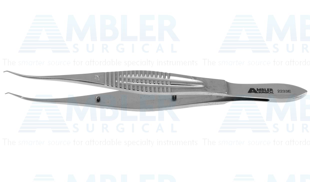 Castroviejo colibri corneal forceps, 4 1/4'',0.12mm 1x2 teeth set at 45º, 6.0mm tying platforms, wide flat handle