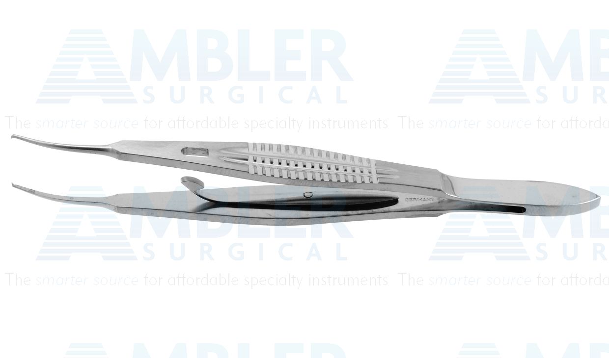 Moody-Stern fixation forceps, 4 3/8'', curved right shafts, 0.5mm 1x2 teeth, flat handle, with thumb catch lock