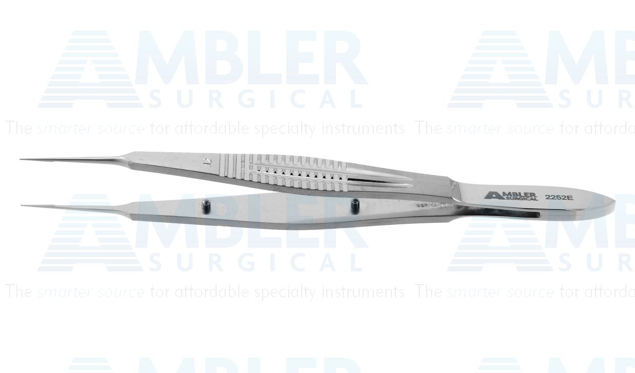 Castroviejo suturing forceps, 4 3/8'',straight shafts, 0.12mm 1x2 teeth, 5.5mm tying platforms, wide serrated flat handle