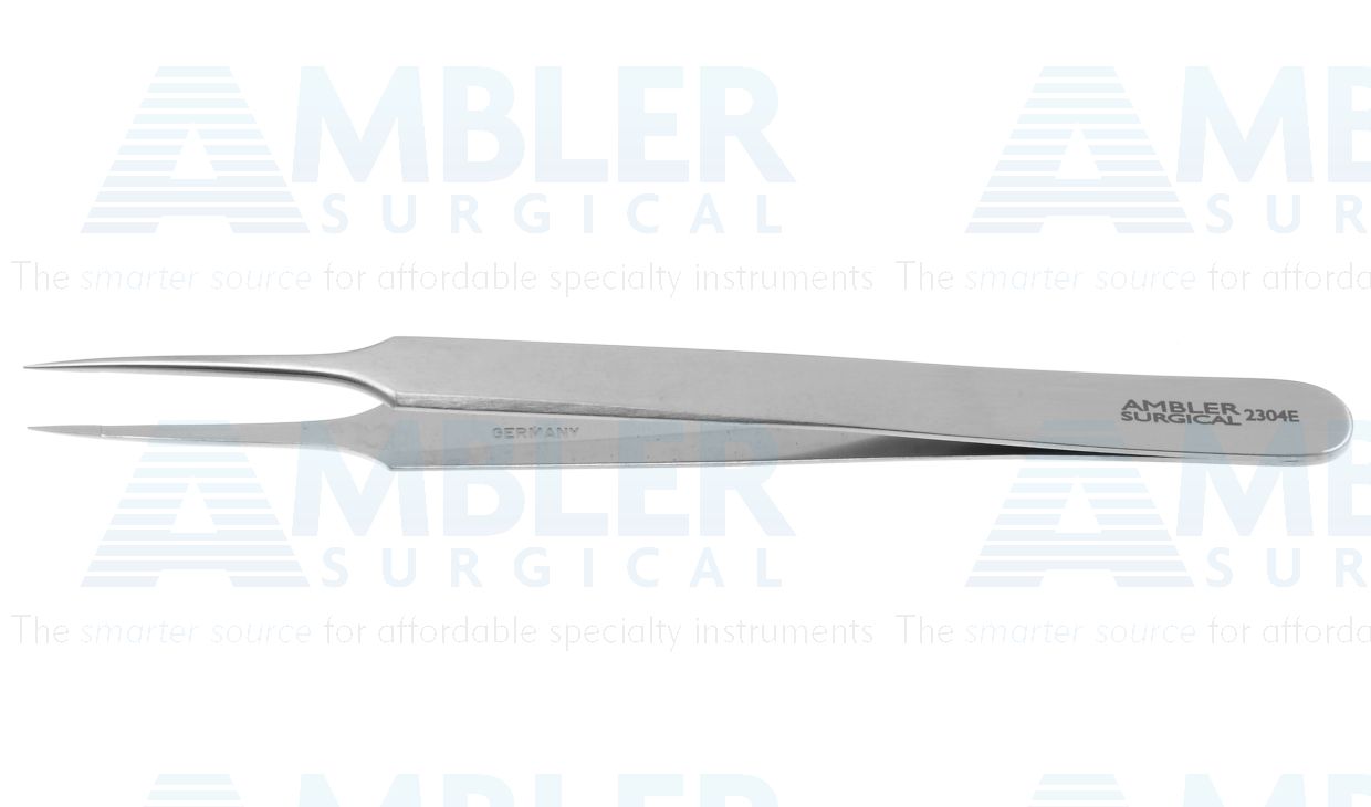 Jeweler's-type forceps #4, 4 3/8'',straight shafts with extra fine tips and 6.0mm tying platforms, flat handle