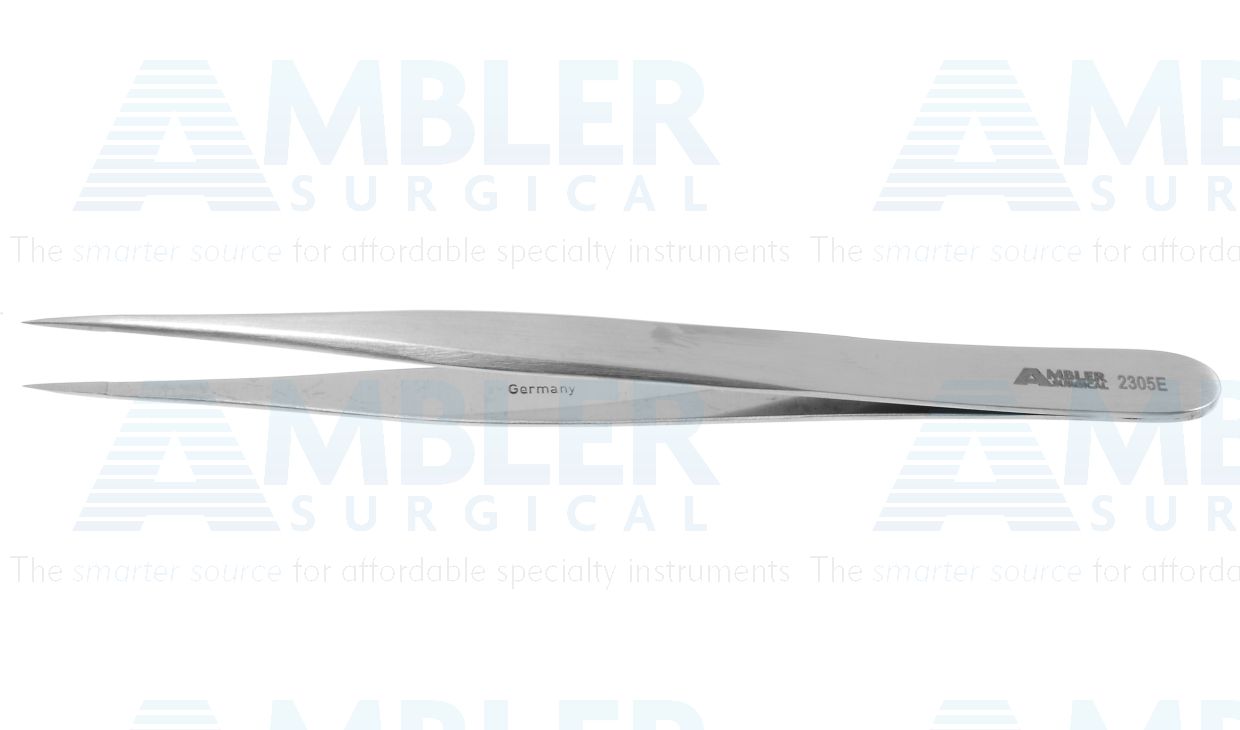 Jeweler's-type forceps #5, 4 3/8'',straight, narrow shafts, fine pointed tips and 6.0mm tying platforms, flat handle