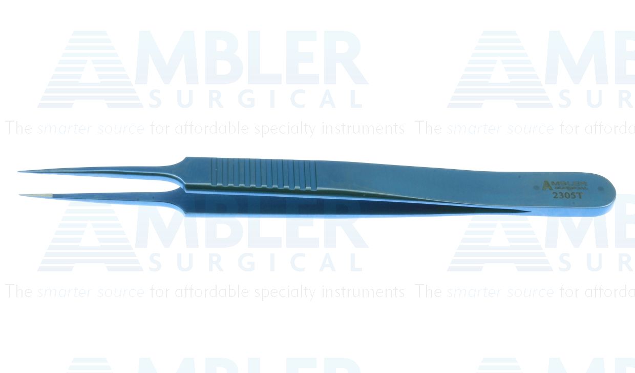 Jeweler's-type forceps #5, 4 3/8'', straight, narrow shafts, fine pointed tips and 6.0mm TC dusted tying platforms, flat handle, titanium