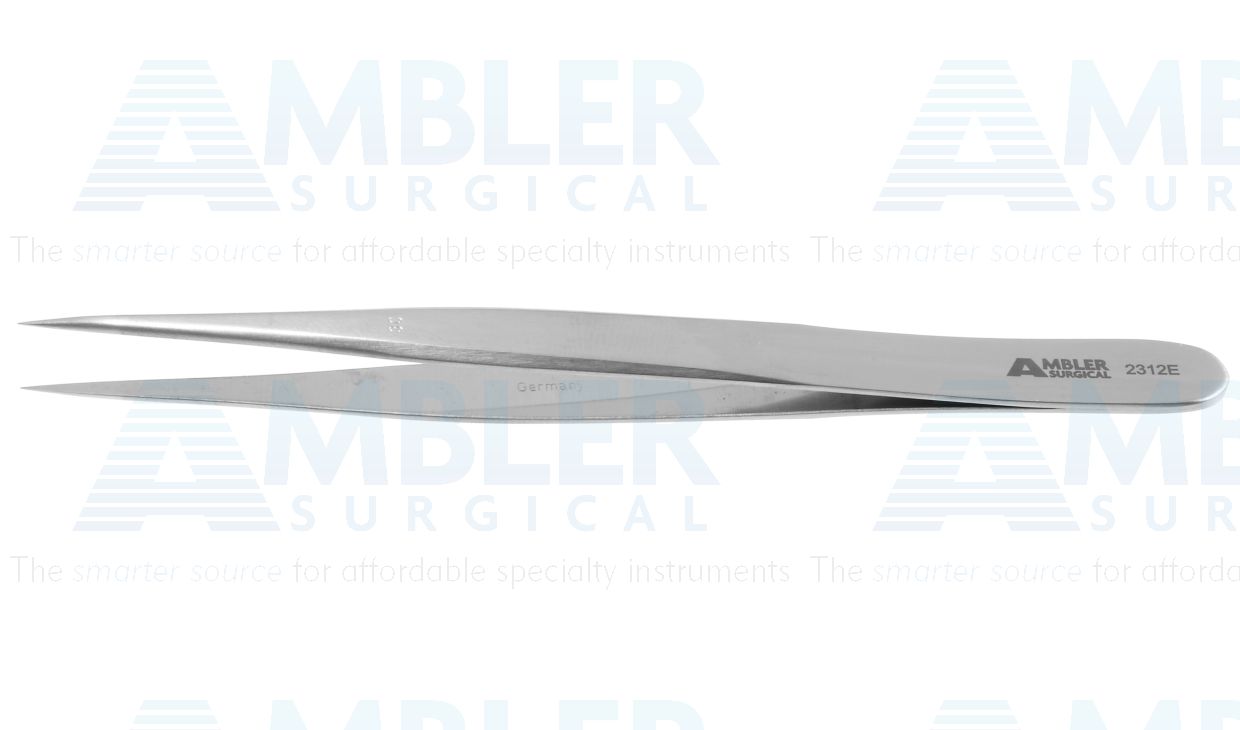 Jeweler's-type forceps #3C, 4 3/8'',straight shafts, extra fine pointed tips, flat handle