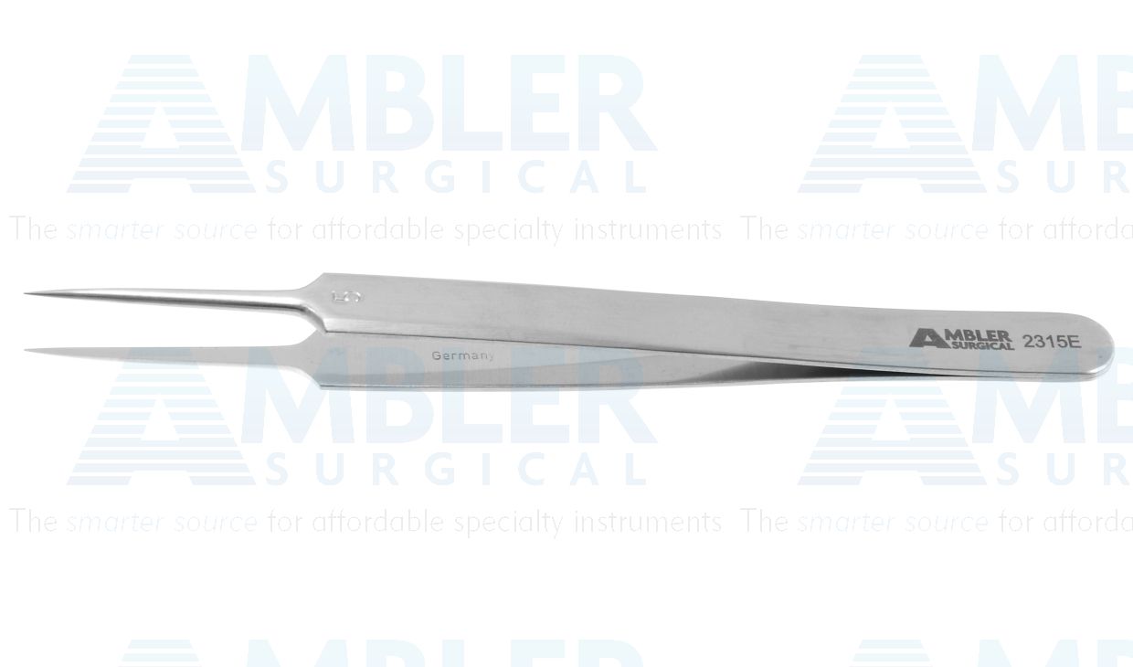 Jeweler's-type forceps #5, 4 3/8'',straight, narrow shafts, fine pointed tips, flat handle
