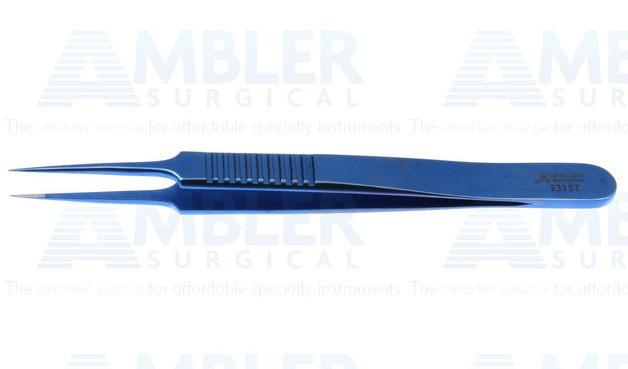 Jeweler's-type forceps #5, 4 3/8'', straight, narrow shafts, fine pointed TC dusted tips, flat handle, titanium