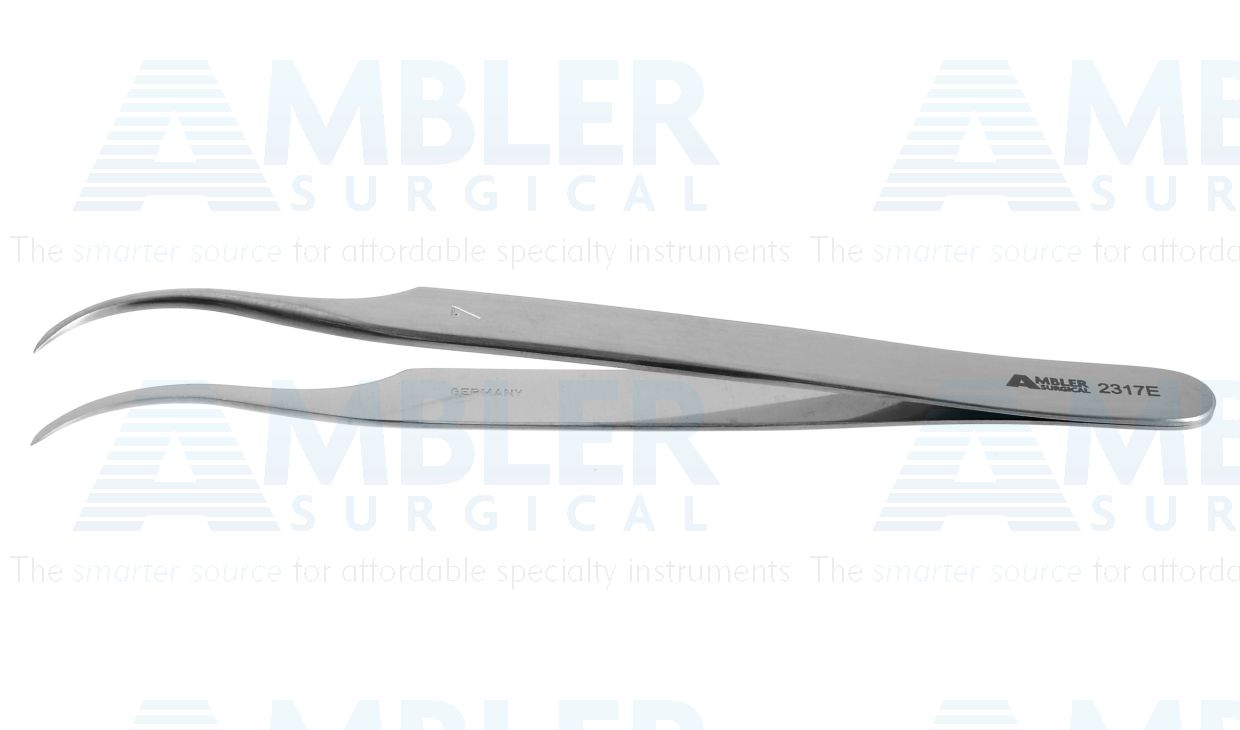 Jeweler's-type forceps #7, 4 3/8'',curved shafts, fine pointed tips, flat handle