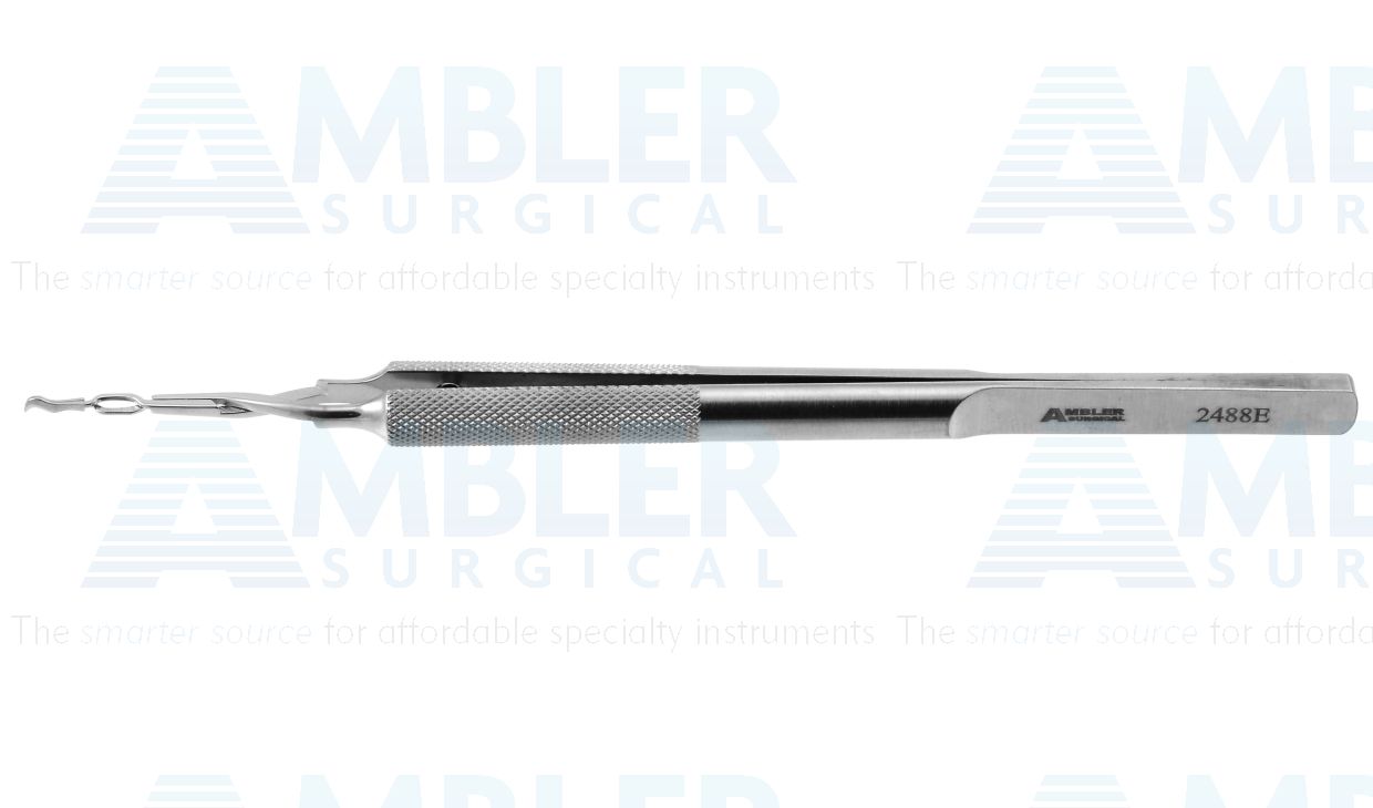 Inamura Eagle MICS prechopper forceps, 4 7/8'',5.0mm narrow tip for easy insertion into dense nucleus, straight shafts, notched tips, cross-action jaws, round handle