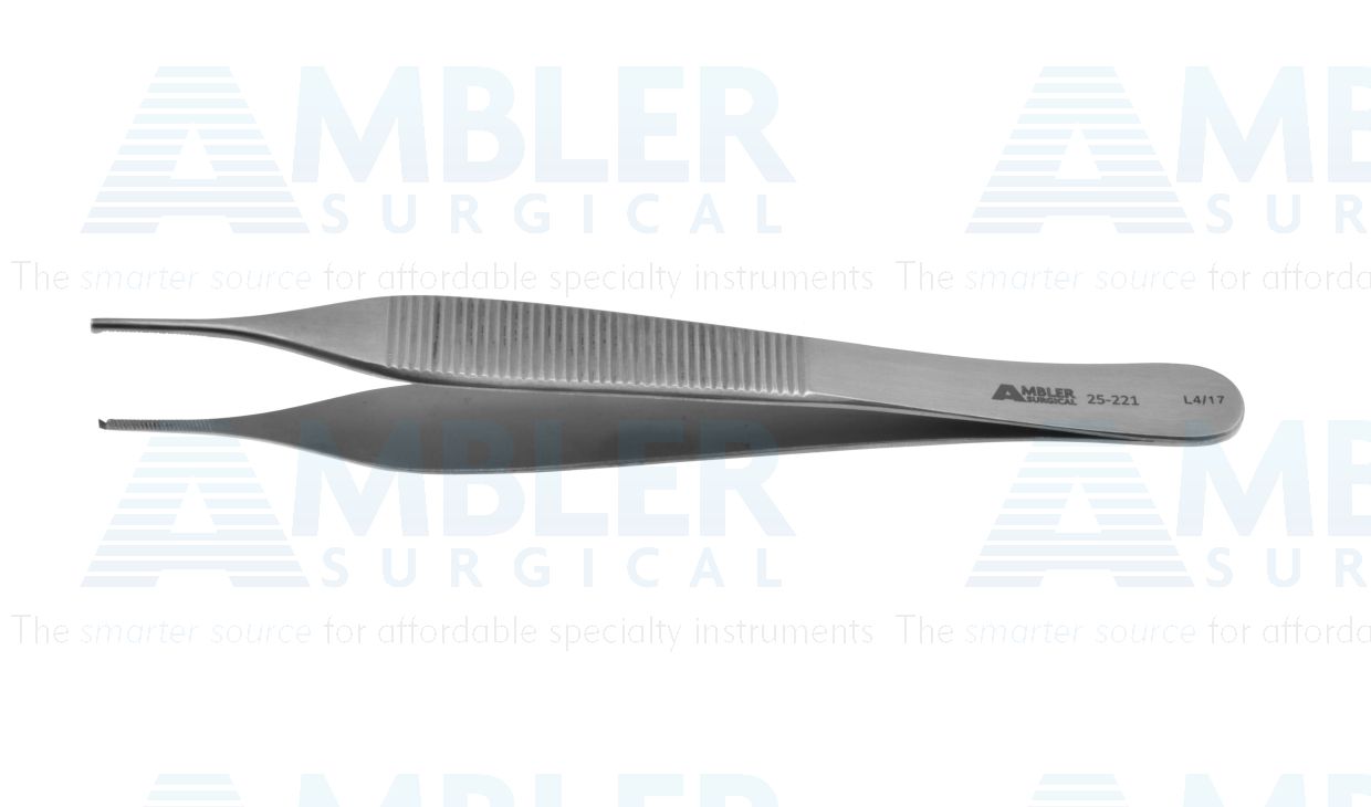 Adson tissue forceps, 4 3/4'',delicate, straight, 1x2 teeth, serrated jaws, flat handle